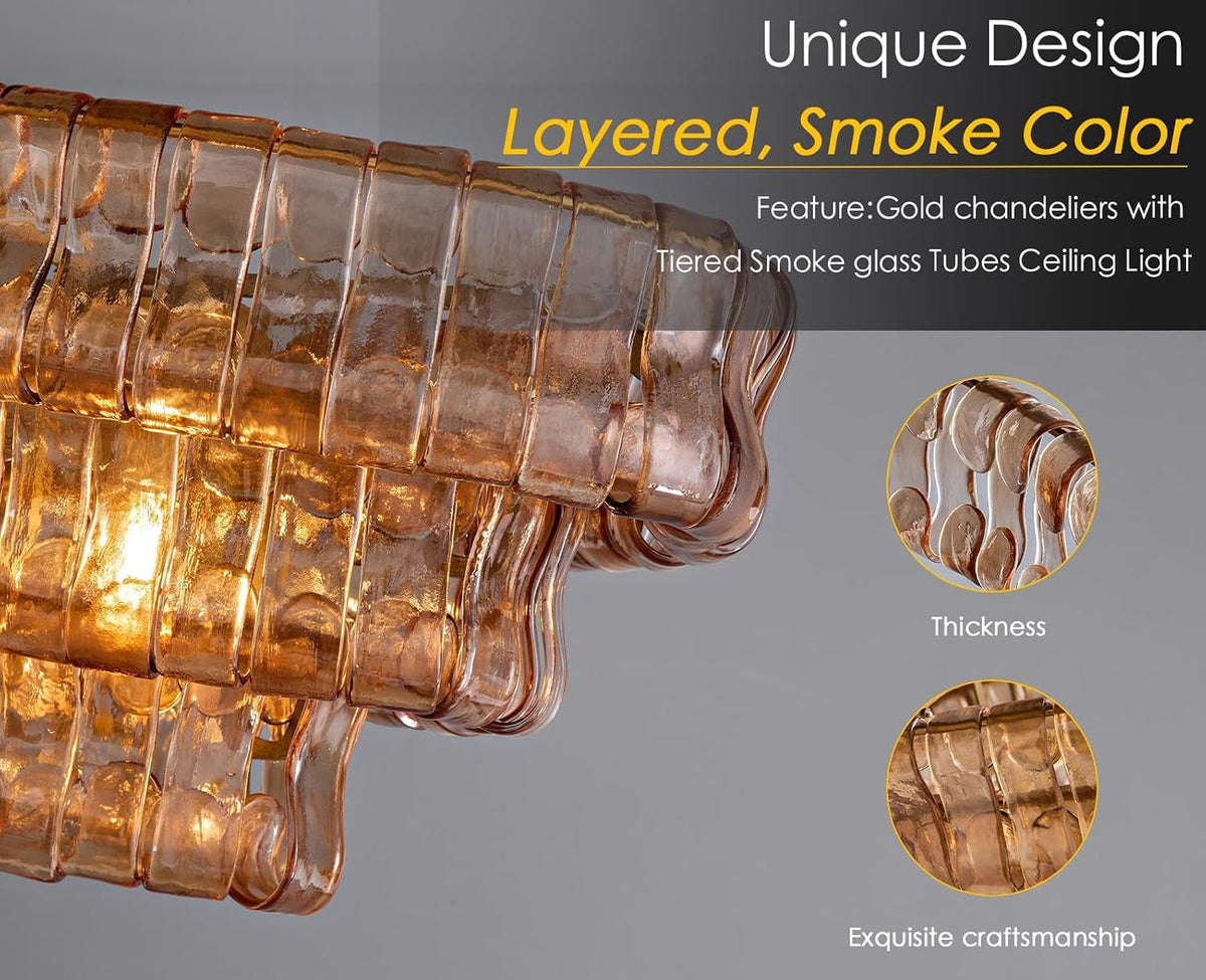 Contemporary Gold Five Light Amber Glass Chandelier