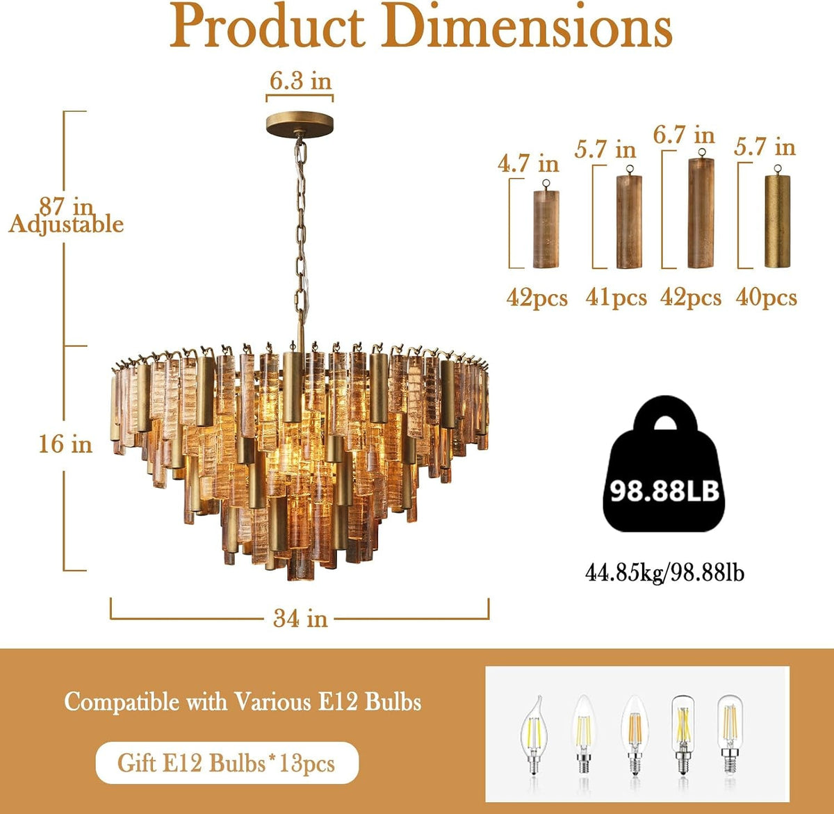 34 Inch Modern Gold Amber Glass Ceiling Chandelier