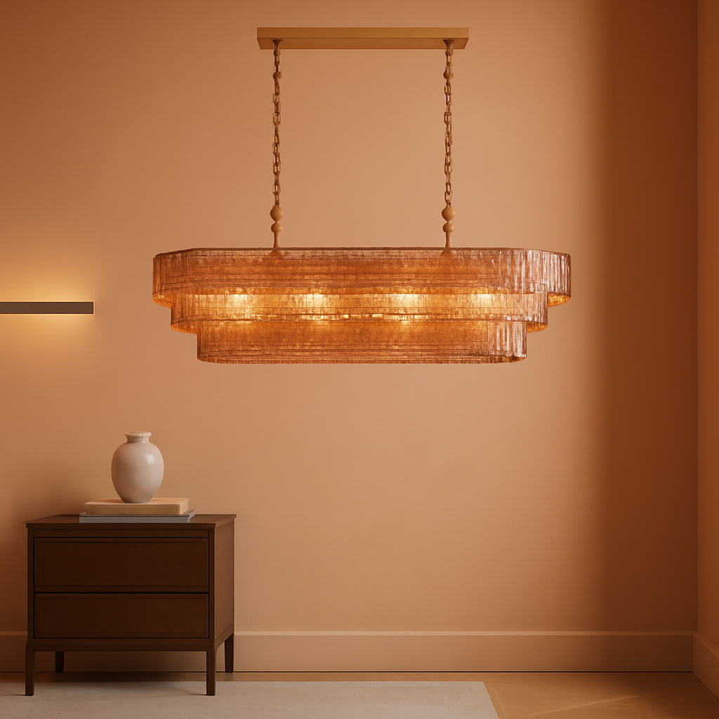 Contemporary Gold Five Light Amber Glass Chandelier