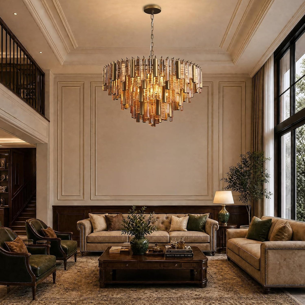 34 Inch Modern Gold Amber Glass Ceiling Chandelier