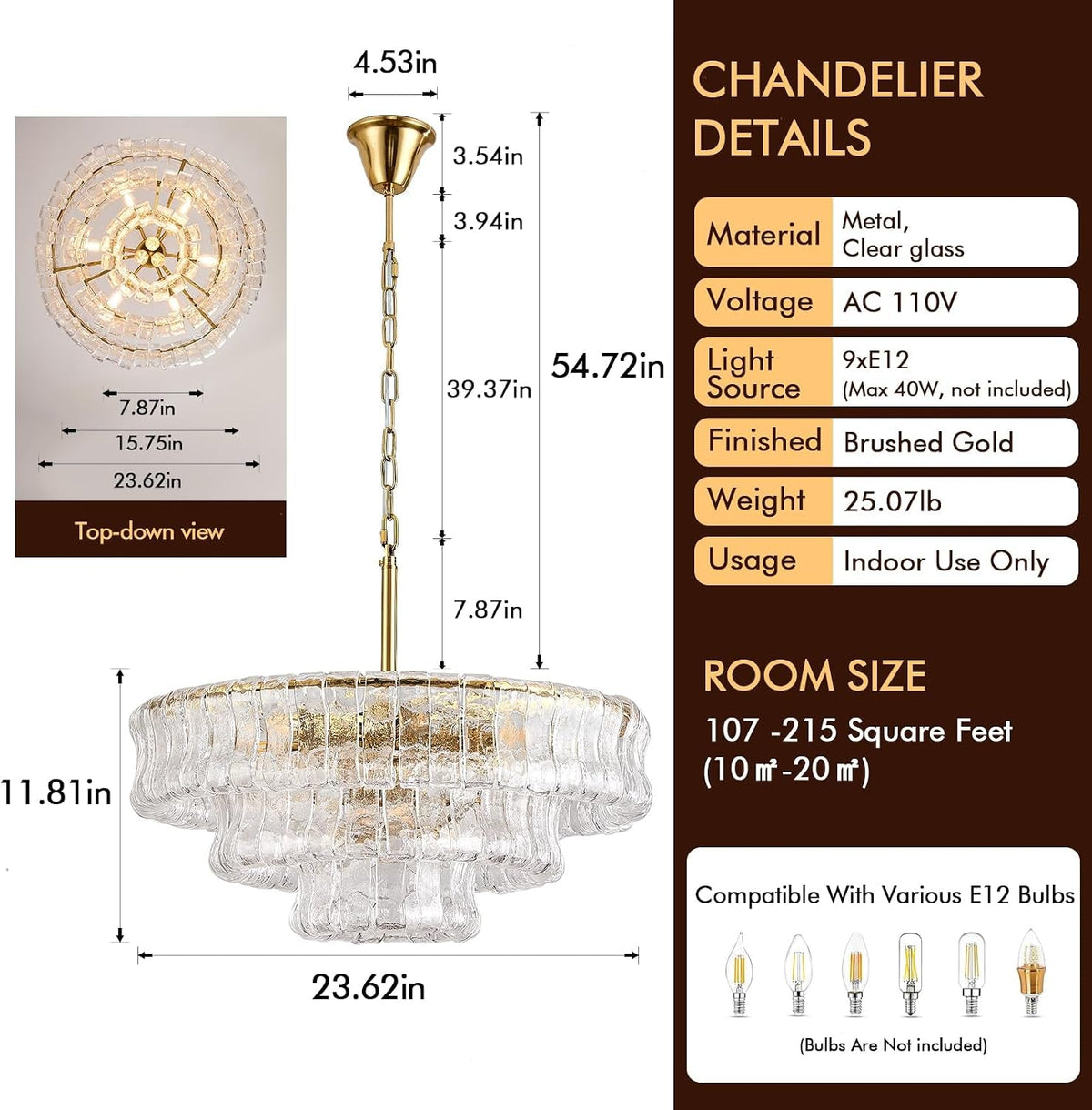 Contemporary Gold Nine Light Clear Glass Chandelier