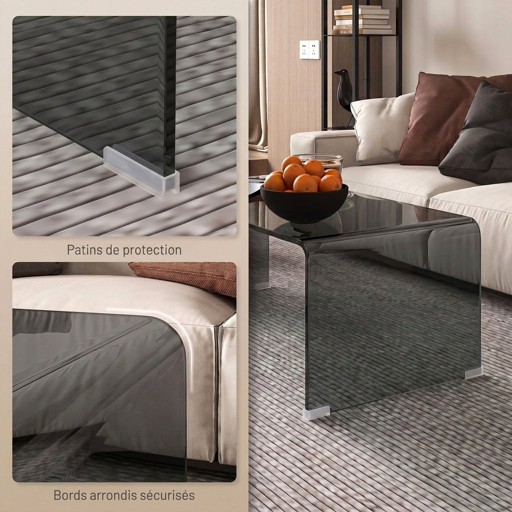 Table Basse en Verre, Table de Salon Rectangulaire Design Moderne avec Bords Arrondis Sûrs, Gris Clair Transparent