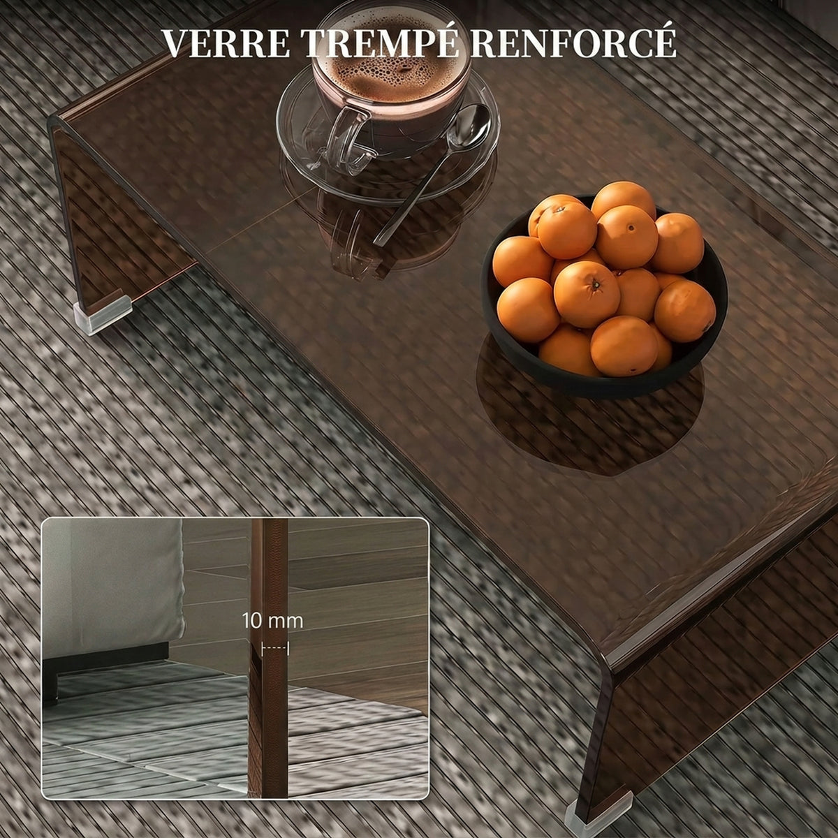 Table Basse en Verre, Table de Salon Rectangulaire Design Moderne avec Bords Arrondis Sûrs, Marron Transparent