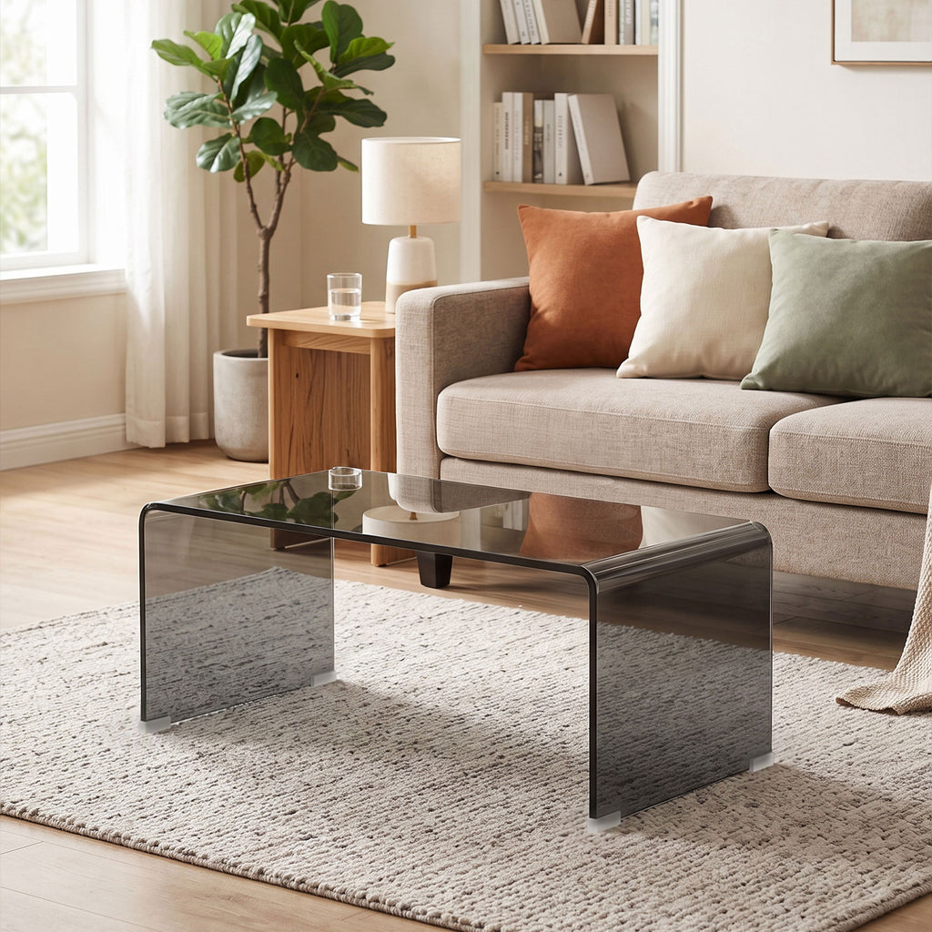 Table Basse en Verre, Table de Salon Rectangulaire Design Moderne avec Bords Arrondis Sûrs, Gris Clair Transparent