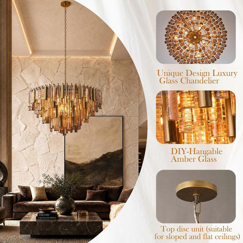 34 Inch Modern Gold Amber Glass Ceiling Chandelier