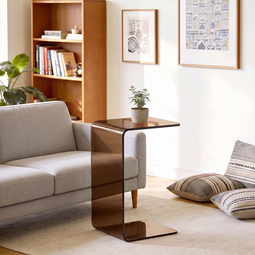 Table Basse en Verre, Table de Salon Rectangulaire Design Moderne avec Bords Arrondis Sûrs, Marron Transparent
