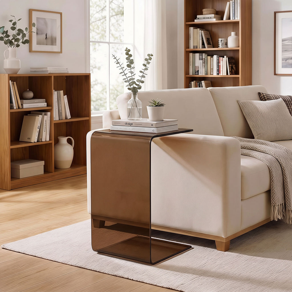 Table Basse en Verre, Table de Salon Rectangulaire Design Moderne avec Bords Arrondis Sûrs, Marron Transparent