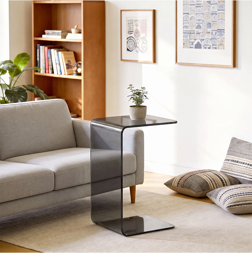 Table Basse en Verre, Table de Salon Rectangulaire Design Moderne avec Bords Arrondis Sûrs, Gris Clair Transparent