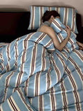 Retro Jersey Knit Blue Stripe Queen Bedding Set with Pillowcases & Fitted Sheet